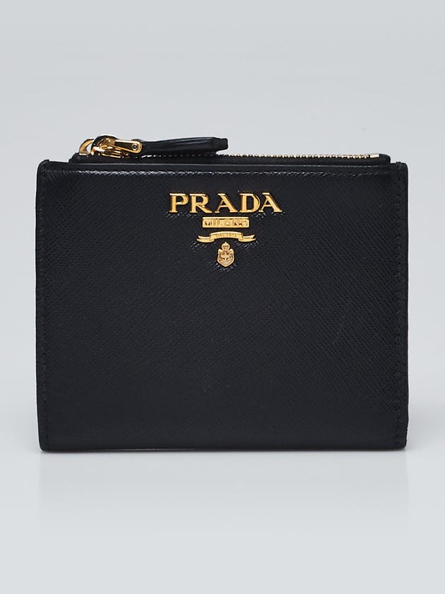 Prada Black Saffiano Metal Leather Bi Fold Double Zip Small Wallet - 1ML024