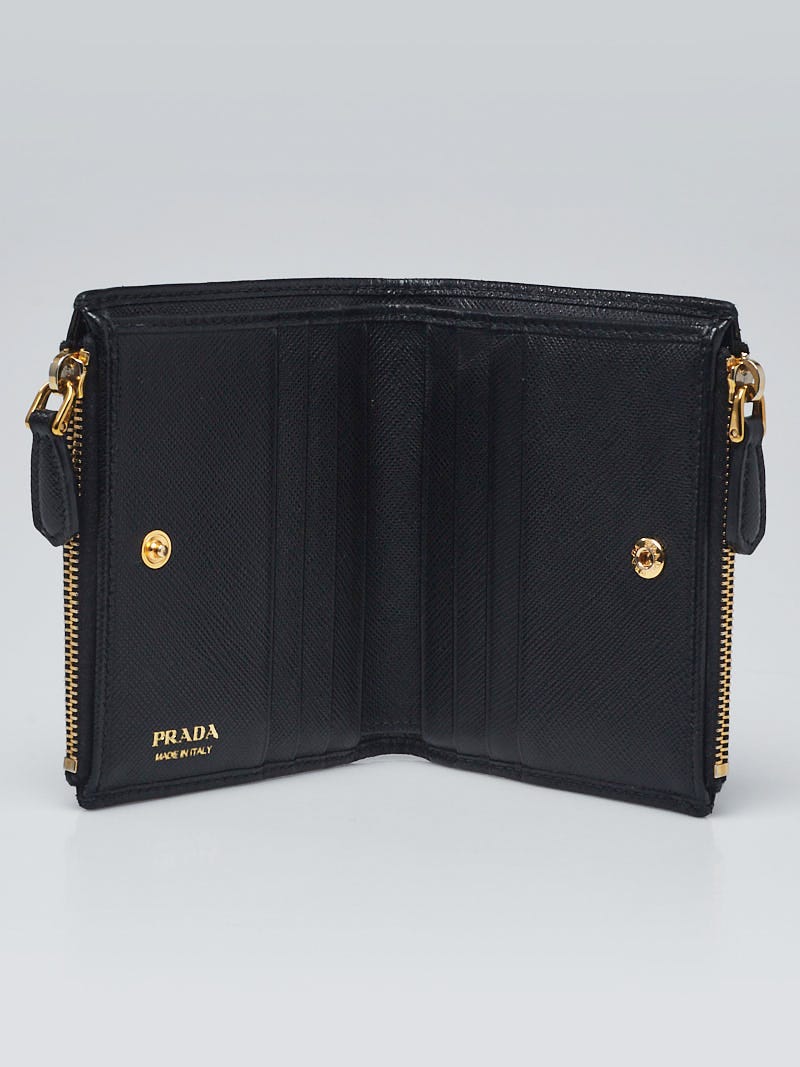 Prada Black Saffiano Metal Leather Bi Fold Double Zip Small