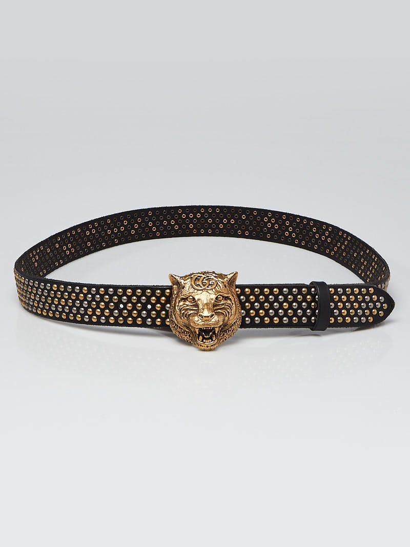 Gucci Black Leather Studded Tiger Head Buckle Belt Size 105/42 - Yoogi's  Closet
