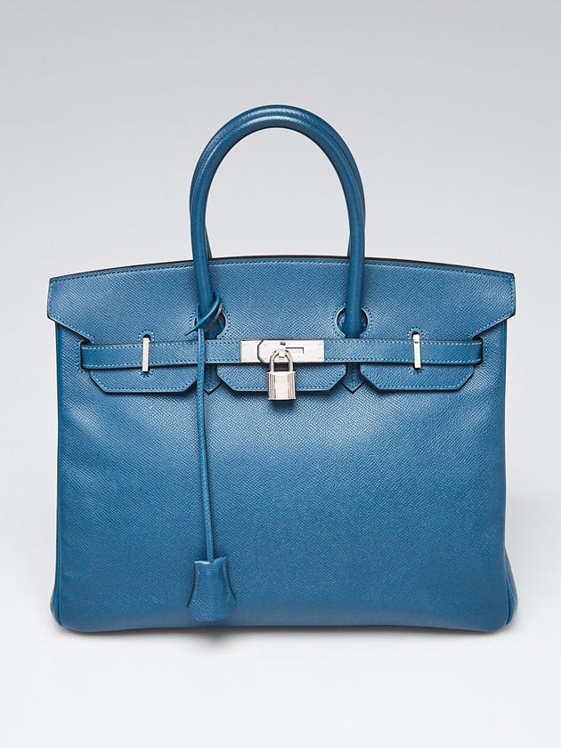 Hermes 35cm Blue Thalassa Epsom Leather Palladium Plated Birkin Bag