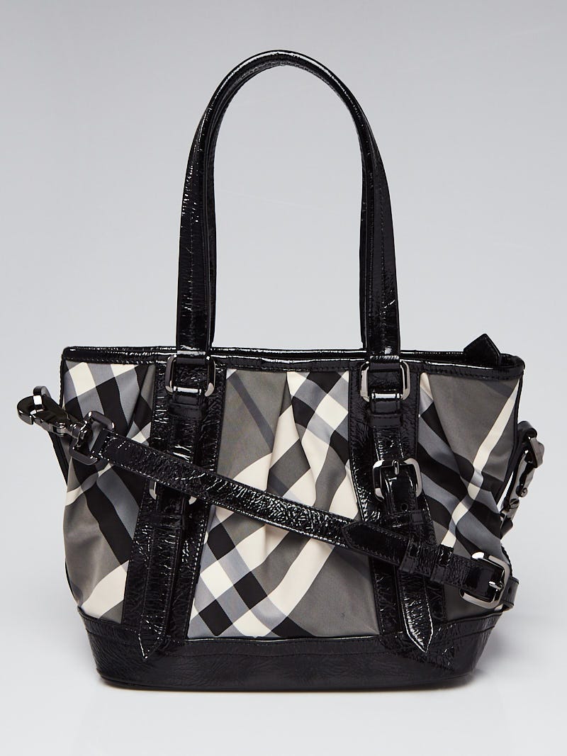 Authentic Burberry Patent Leather Beat Check Black Nylon Tote Bag