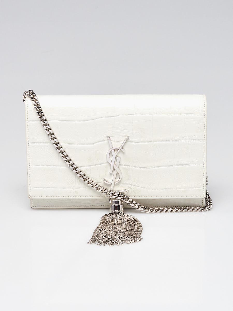 Yves Saint Laurent White Croc Embossed Leather Kate Tassel Wallet on Chain Bag Yoogi s Closet