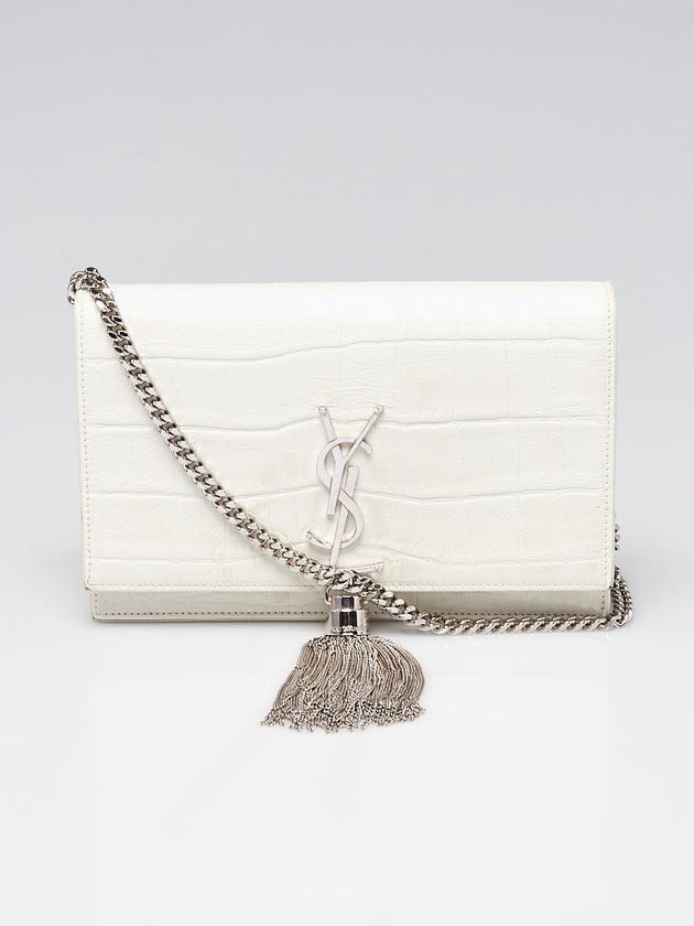 Yves Saint Laurent White Croc Embossed Leather Kate Tassel Wallet on Chain Bag