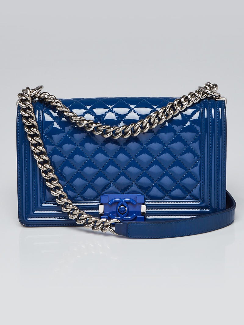 Chanel Blue Quilted Patent Leather Plexiglas Medium Boy Bag