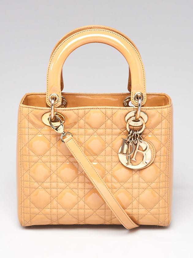 Christian Dior Beige Cannage Quilted Patent Leather Medium Lady Dior Bag