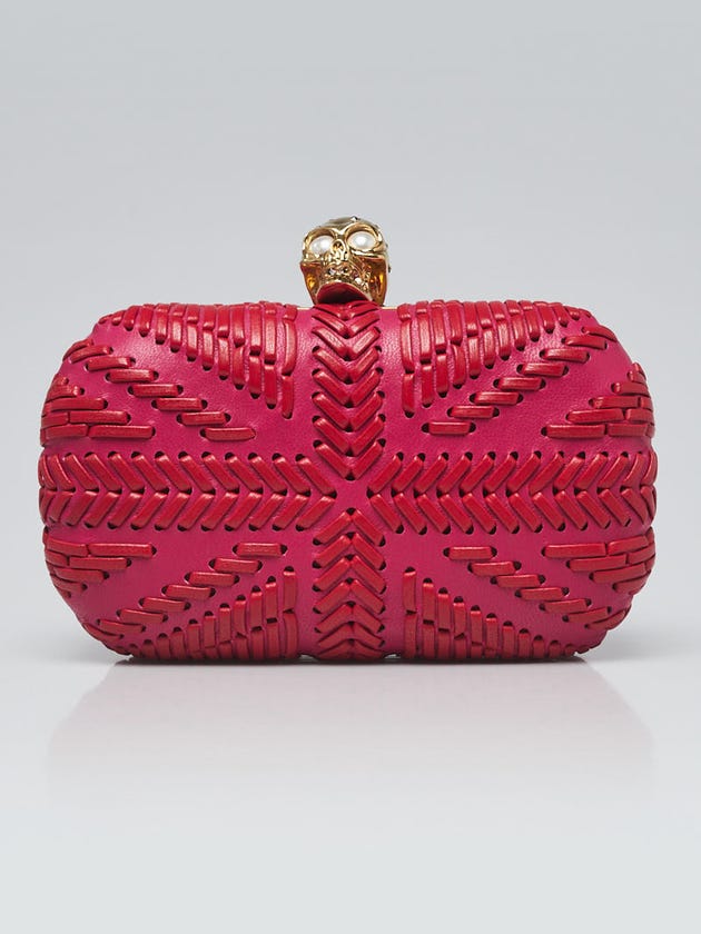Alexander McQueen Pink/Red Woven Leather Britanna Skull Box Clutch Bag