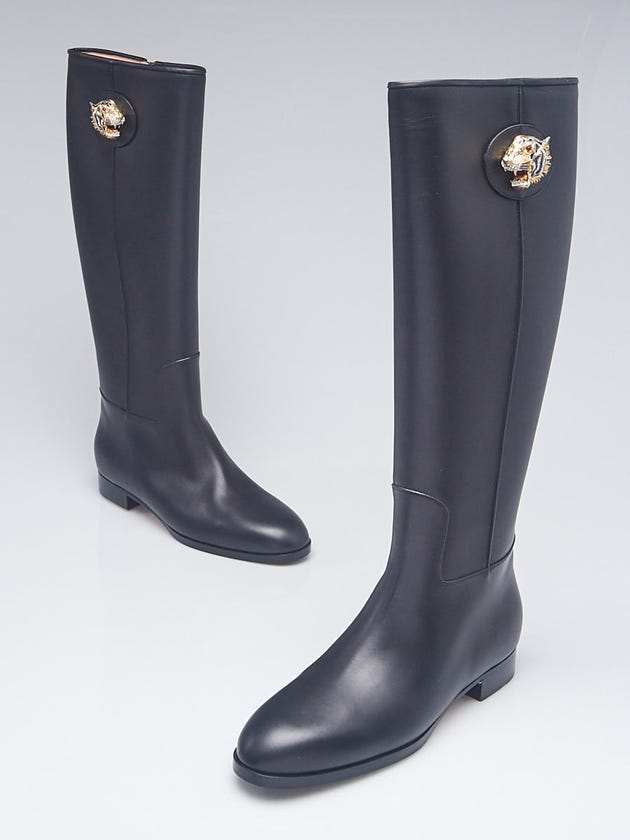 Gucci Black Leather Tiger Head Tall Flat Boots Size 8.5/39