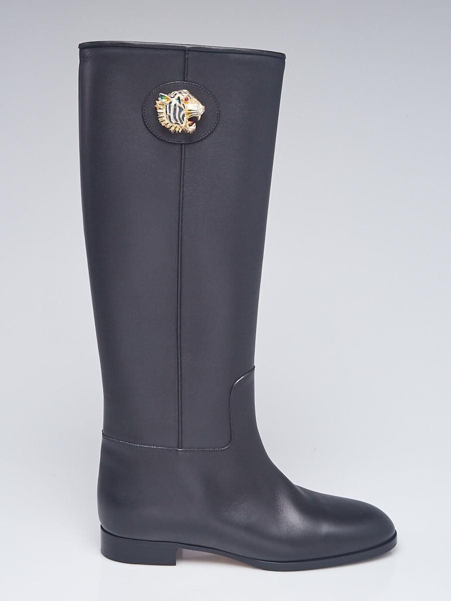Gucci Black Leather Tiger Head Tall Flat Boots Size 8.5/39