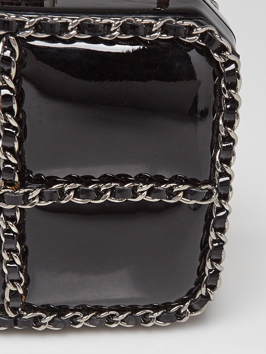 Chanel Black Patent Leather Chain Minaudiere Box Clutch Bag