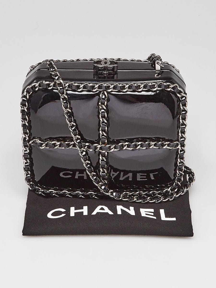Chanel Black Patent Leather Chain Minaudiere Box Clutch Bag