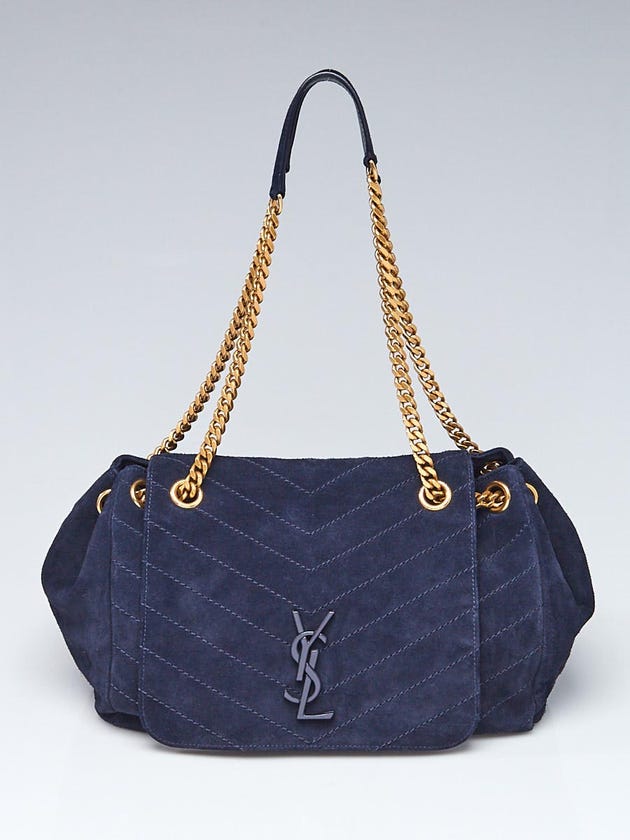 Yves Saint Laurent Blue Chevron Stitch Suede Large Nolita Chain Bag