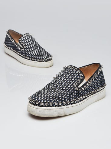 Christian Louboutin Blue/Black/Silver Fabric Spiked Flat Boat Shoes Size 6/36.5