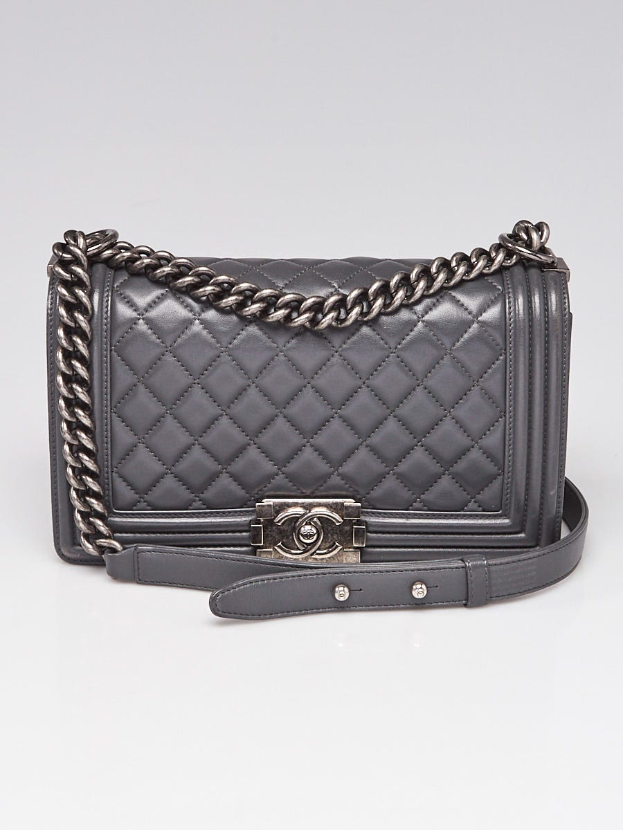 Chanel Dark Grey Quilted Calfskin Leather Medium Boy Bag - Yoogi's Closet