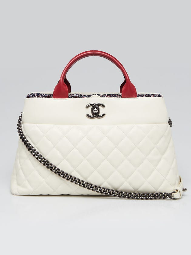 Chanel White Quilted Leather and Tweed Portobello Two-Way Tote Bag