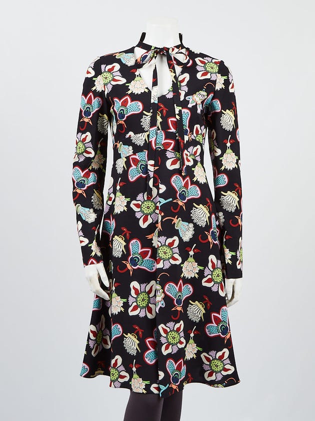 Valentino Black Multicolor Pop Floral Print Crepe Neck Tie Long Sleeve Dress Size 4