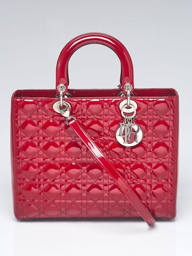 Christian Dior Red Cannage Quilted Patent Leather Large Lady Dior Tote Bag
