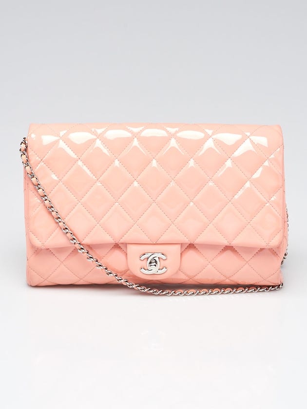 Chanel Light Pink Quilted Patent Leather Chain Clutch Flap Bag