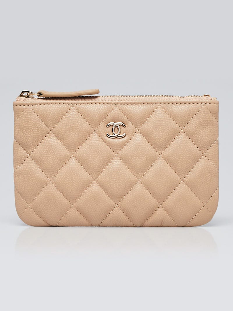 Chanel Beige Quilted Caviar Leather Small O-Case Zip Pouch - Yoogi's Closet