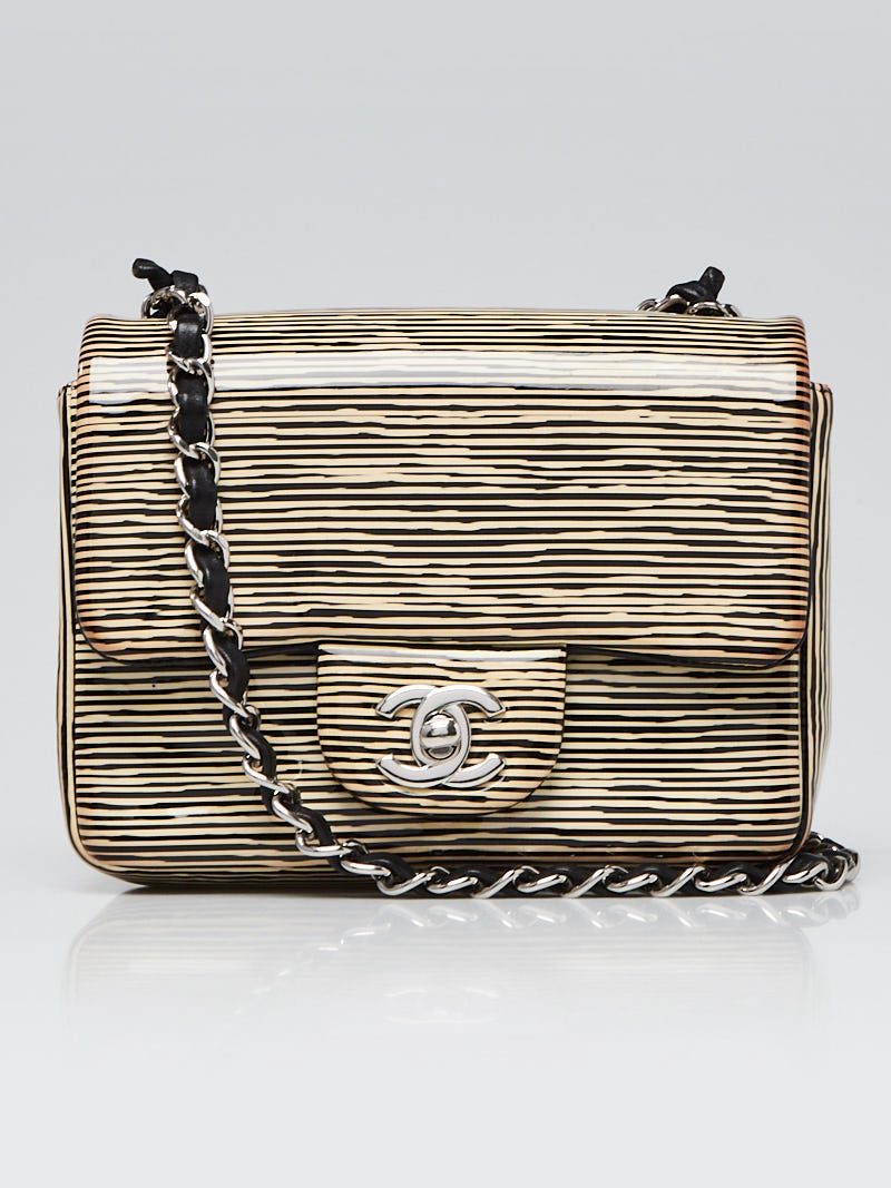 Chanel Beige/Black Striped Patent Leather Classic Square Mini Flap