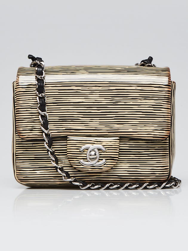 Chanel Beige/Black Striped Patent Leather Classic Square Mini Flap Bag