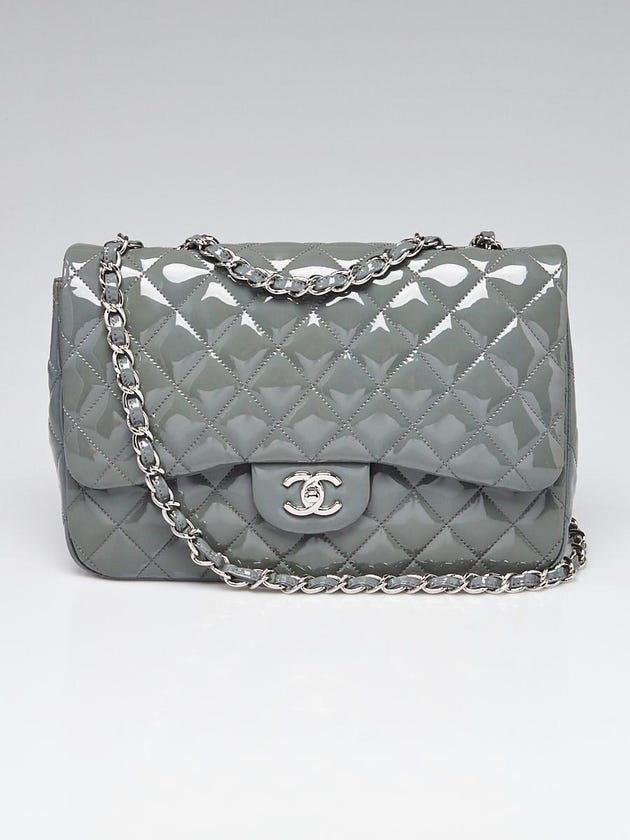Chanel Grey Quilted Patent Leather Classic Single Jumbo Flap Bag