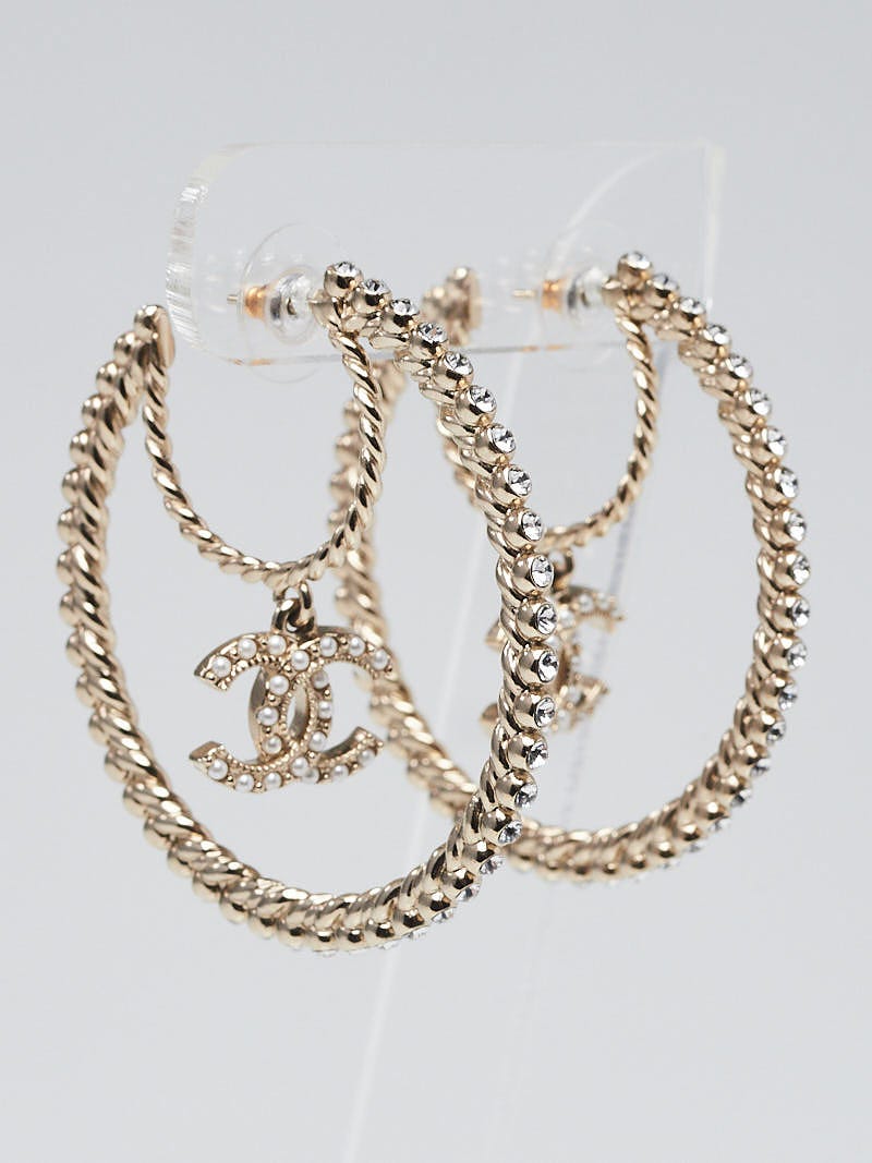 Chanel Goldtone Metal and Crystal CC Hoop Earrings - Yoogi's Closet