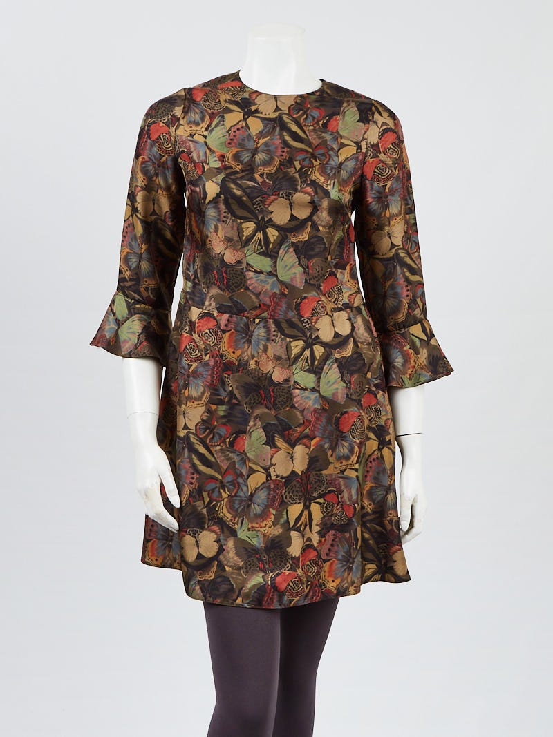 Valentino Green Butterfly Print Silk Flutter Sleeve Shift Dress Size 4