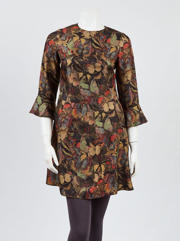 Valentino Green Butterfly Print Silk Flutter Sleeve Shift Dress Size 4