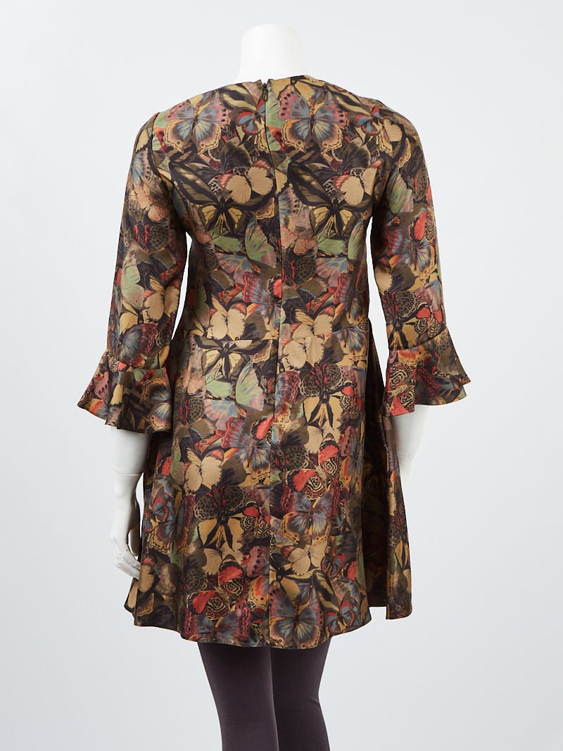 Valentino Green Butterfly Print Silk Flutter Sleeve Shift Dress Size 4