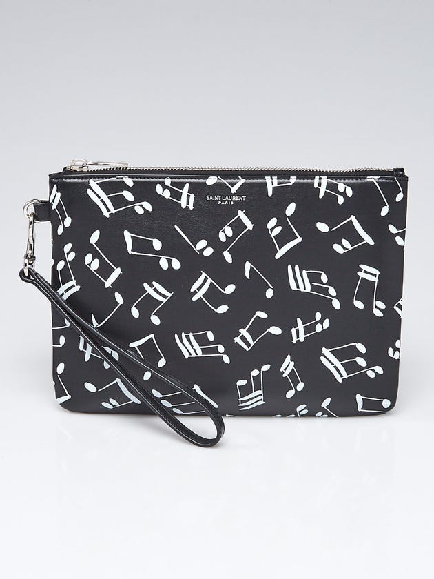 Yves Saint Laurent Black/White Leather Musical Notes Zip Pouch Wristlet Bag