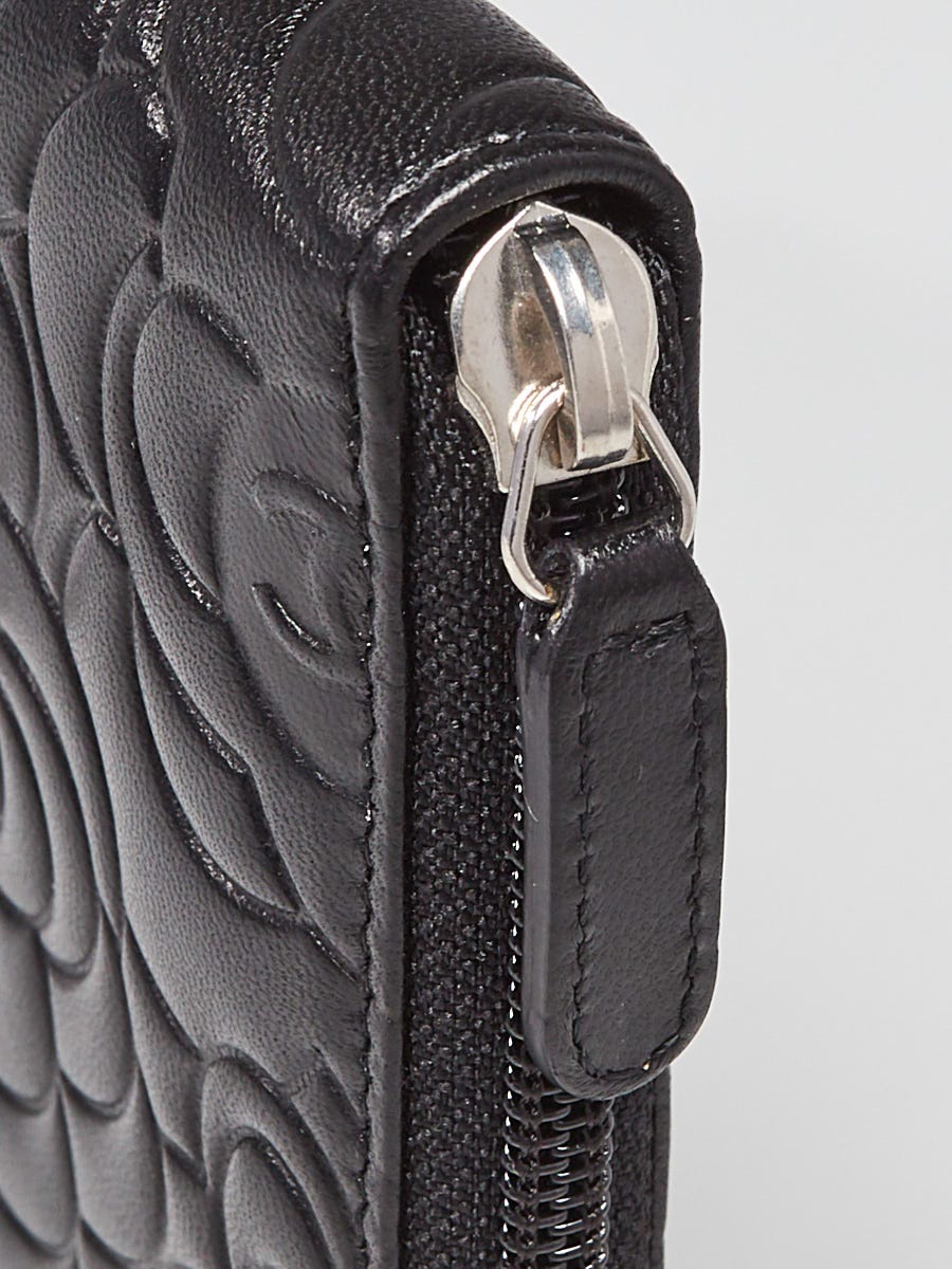 Chanel Black Camellia Embossed Lambskin Leather Zippy Organizer