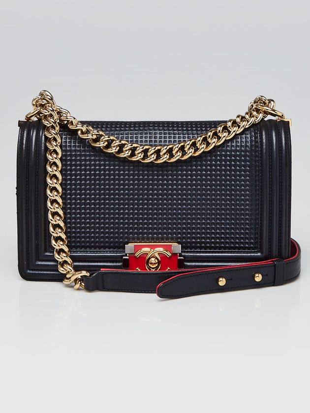 Chanel Metallic Blue Cube Embossed Lambskin Leather Medium Boy Bag