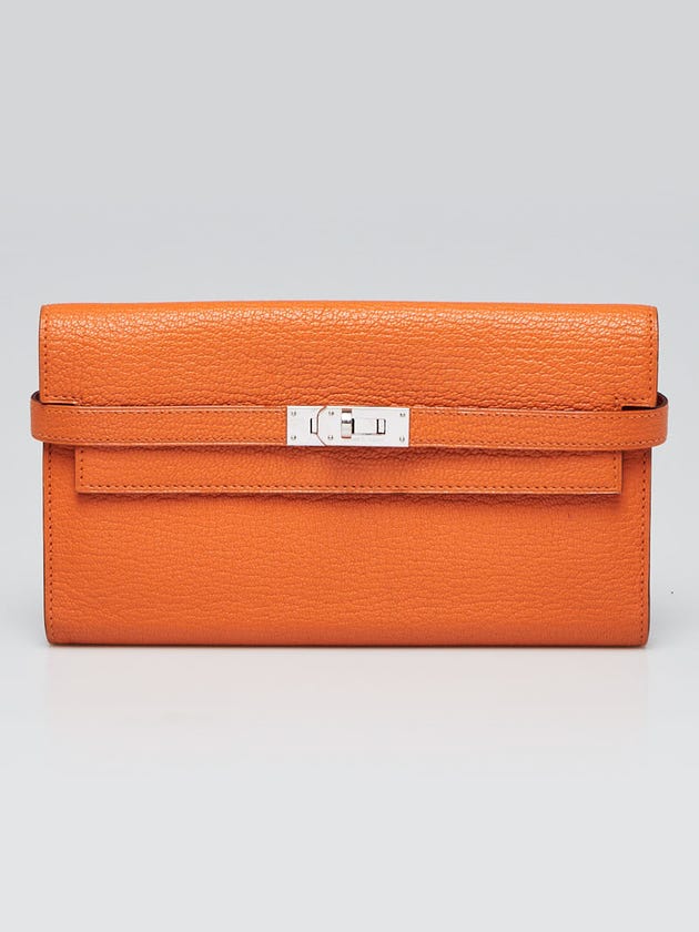 Hermes Orange Chevre Leather Palladium Plated Kelly Wallet