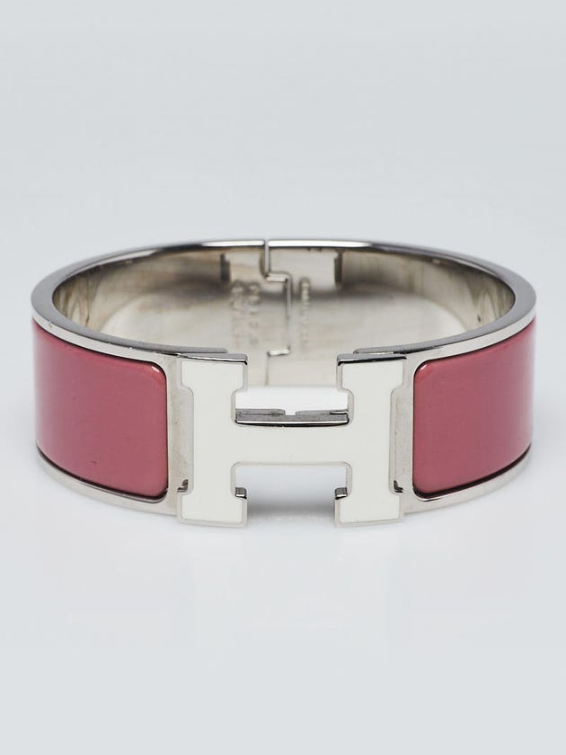 Hermes Blanc/Pink Enamel Lacquered H Palladium Plated Clic-Clac H PM Wide Bracelet
