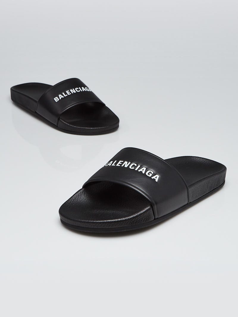Balenciaga Black Leather Logo Slides Size 9.5/40