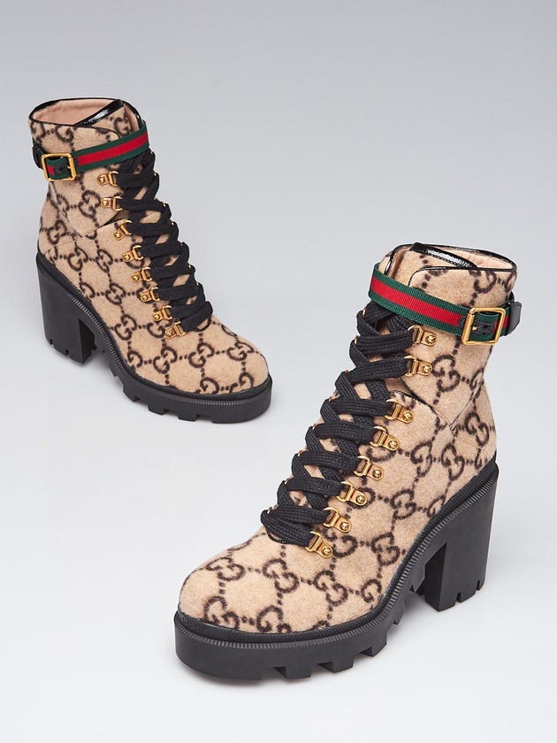 Gucci Beige/Black  Wool/Leather GG Lace Up Trip Boots Size 11.5/42