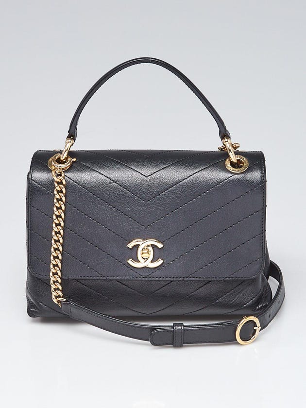 Chanel Black Chevron Quilted Calfskin Leather Chic Small Top Handle Bag