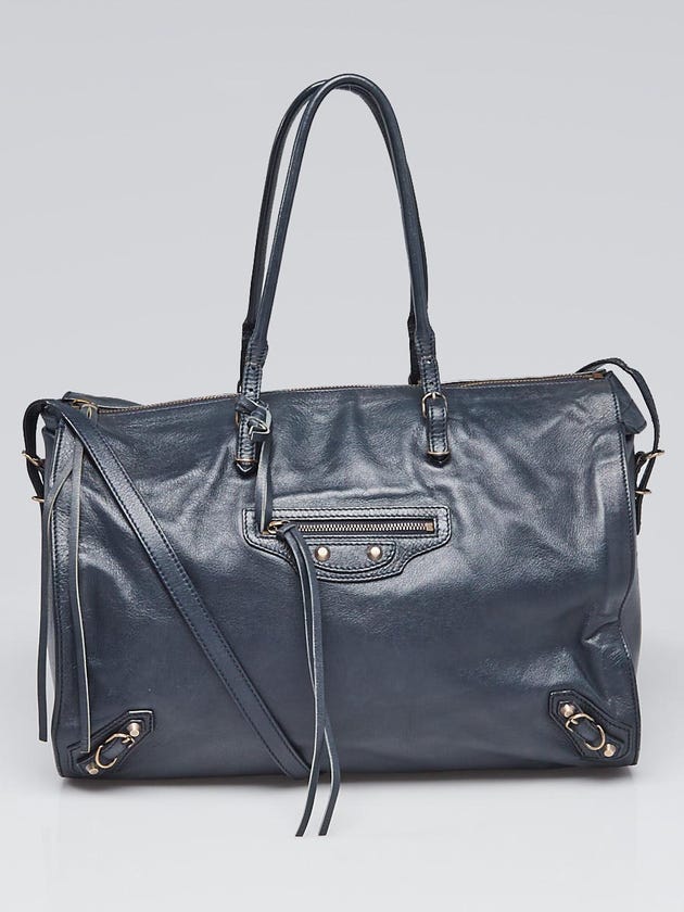 Balenciaga Navy Blue Calfskin Leather Papier Office Zip Tote Bag
