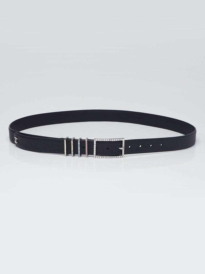 Chanel Black Calfskin Leather Crystal CC Belt Size 125/50 - Yoogi's Closet