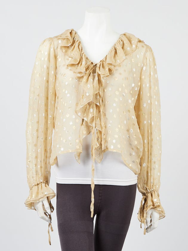 Yves Saint Laurent Gold Silk Sheer Polka Dot Ruffle Top Size 4/36