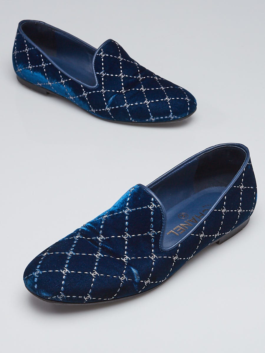 Chanel Blue Velvet Diamond CC Patterned Moccasin Loafers Size 7.5