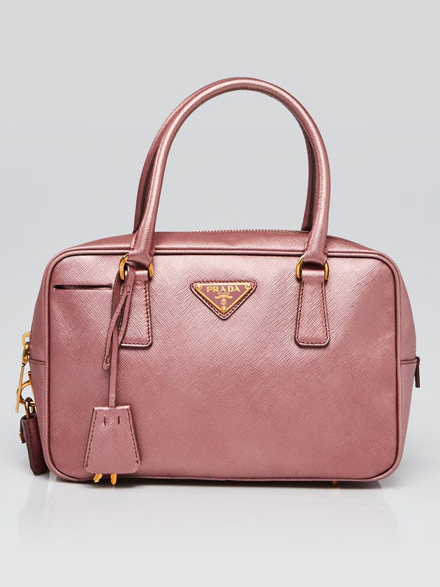 Prada Metallic Pink Saffiano Lux Leather Small Bauletto Bag