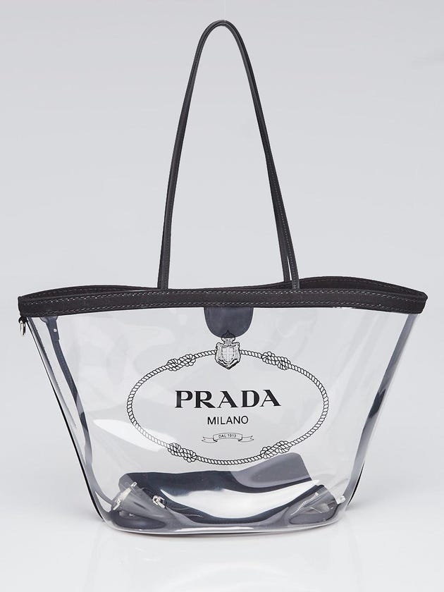 Prada Transparent Vinyl and Black Canvas Logo Beach Large Tote Bag 1BG166