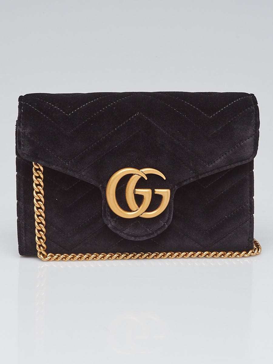 Gucci Black Quilted Velvet GG Marmont Mini Chain Wallet Clutch Bag