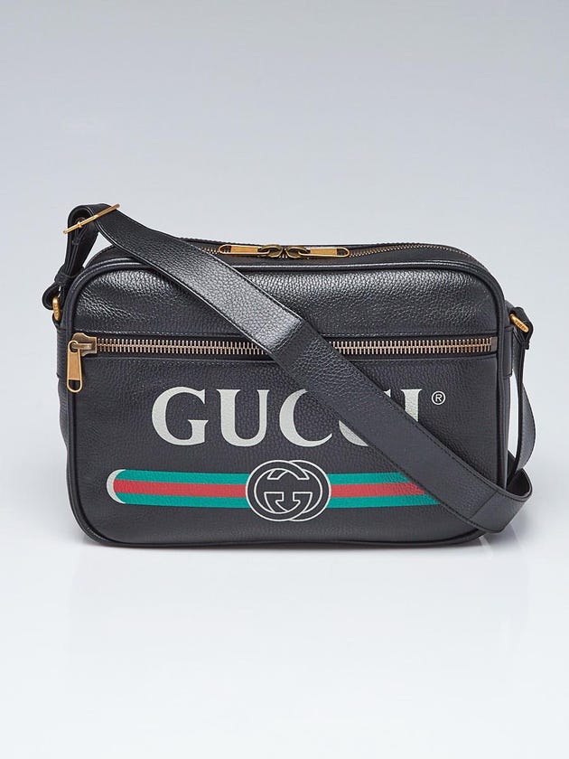 Gucci Black Pebbled Leather Retro Print Crossbody Bag