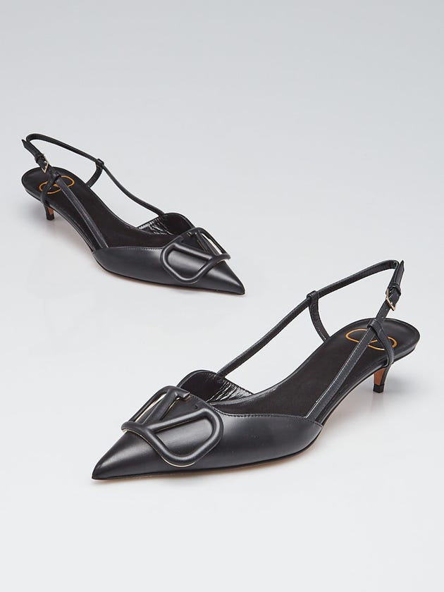 Valentino Black Leather V-Logo Kitten Heel Size 4.5/35