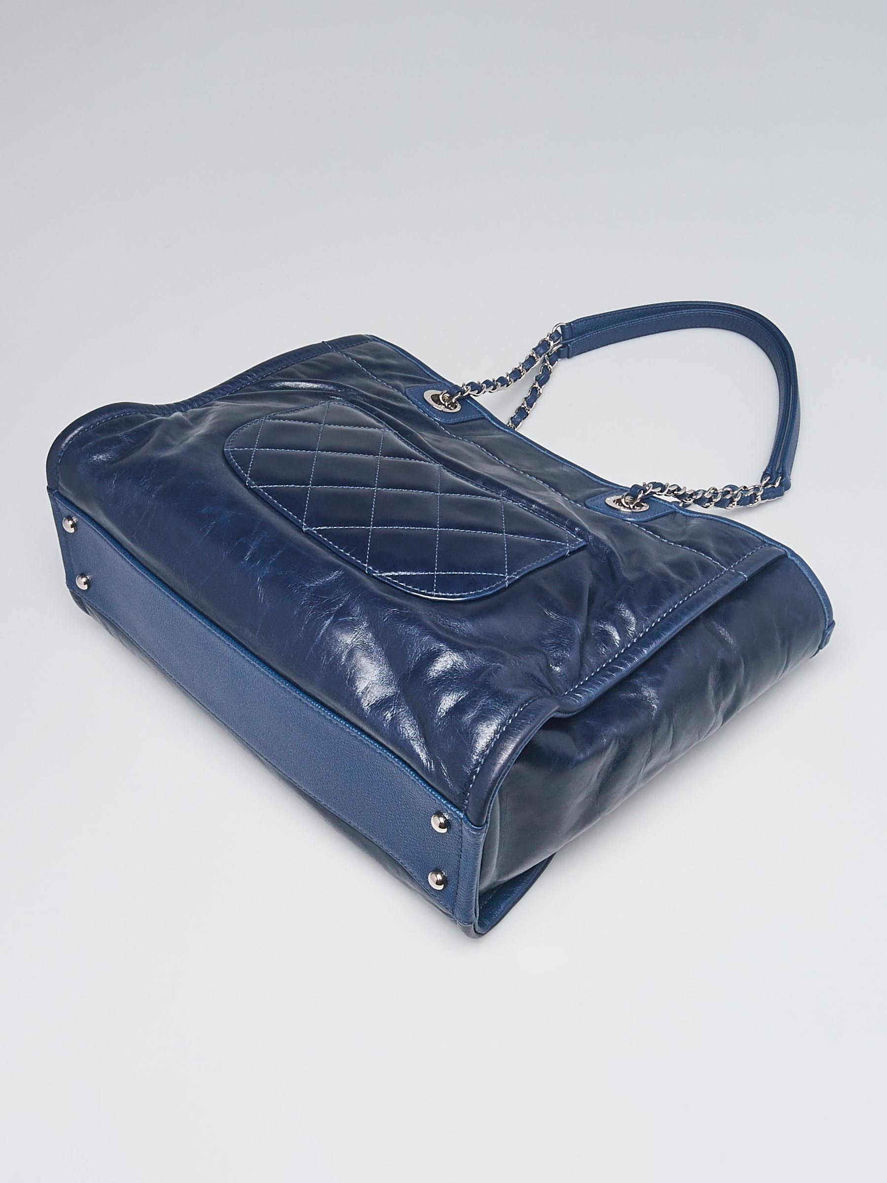 Chanel Navy Blue Glazed Leather Deauville Small Shopping Tote Bag - Yoogi's  Closet