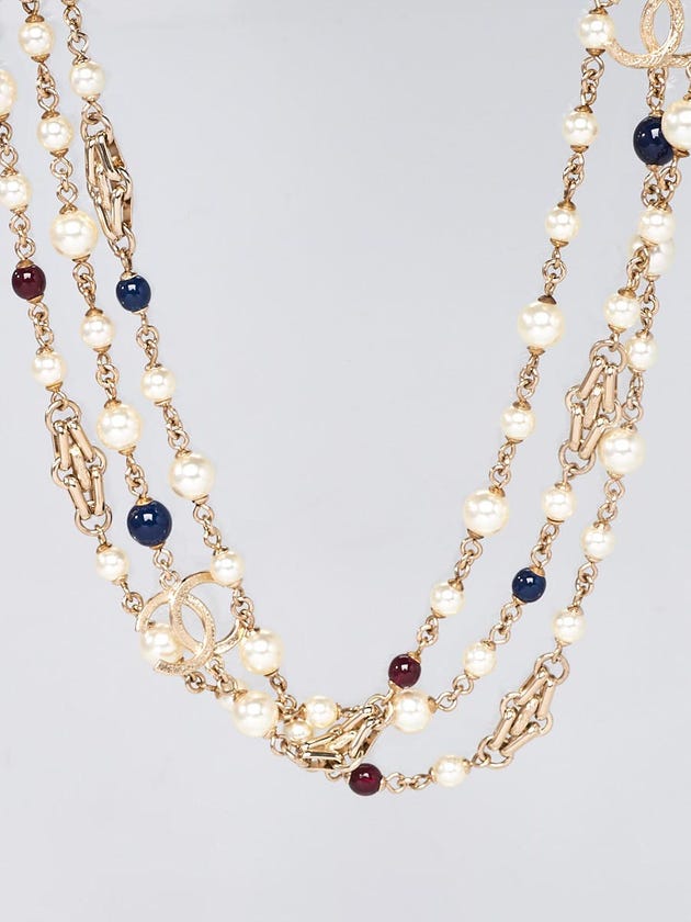 Chanel Red/Blue Beads and Glass Pearl CC Long Necklace