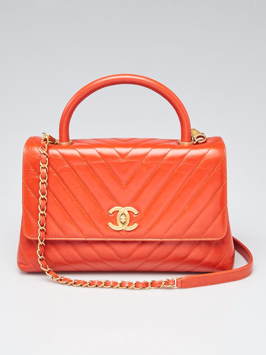 Chanel Orange Chevron Quilted Glazed Calfskin Leather Small Coco Handle Bag  - Yoogi's Closet