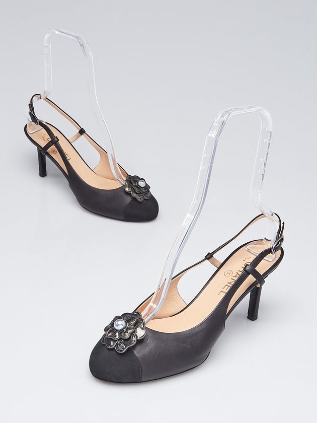 Chanel Black Leather Camellia Cap Toe Slingback Pumps Size 9.5/40